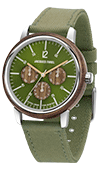 ORM 2033 Multifunktions Uhr mit Holzring aus Walnussholz und grünem Lyocell Band vegan von JACQUES FAREL hayfield und einem Durchmesser von 42 mm