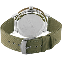 ORM 2033 Multifunktions Uhr mit Holzring aus Walnussholz und grünem Lyocell Band vegan von JACQUES FAREL hayfield und einem Durchmesser von 42 mm