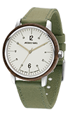 ORW 1037 Unisex Uhr mit Holzring aus Walnussholz und waldgrünem Lyocell Band vegan von JACQUES FAREL hayfield und einem Durchmesser von 38 mm